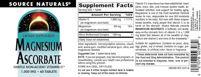 Source Naturals Magnesium Ascorbate, Non-Acidic Vitamin C* -1000 mg, 60 Tablets