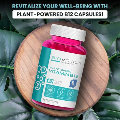 BIOVITALIA Vitamin B12 Capsules Methyl Cobalamin Supplement 1000mg Plant-Based Capsules - Support Nerve Function & Metabolism Enriched with Wheat Grass Spirulina Beetroot - 60 Vegan Caps