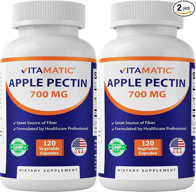 Vitamatic Apple Pectin 700mg – 120 Vegetarian Capsules per Bottle | 2-Pack (240 Vegetarian Capsules) Natural Dietary Fiber Supplement – Supports Digestive Health & Regularity*