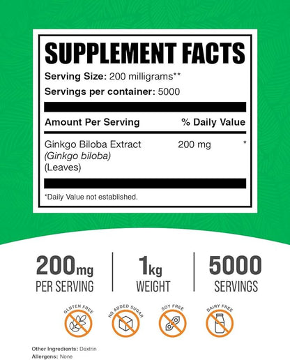 BulkSupplements.com Ginkgo Biloba Extract Powder - Ginkgo Biloba Supplements, Ginkgo Biloba Powder, from Ginkgo Biloba Leaf - Gluten Free, 200mg per Serving 1kg (2.2 lbs) (Pack of 1)