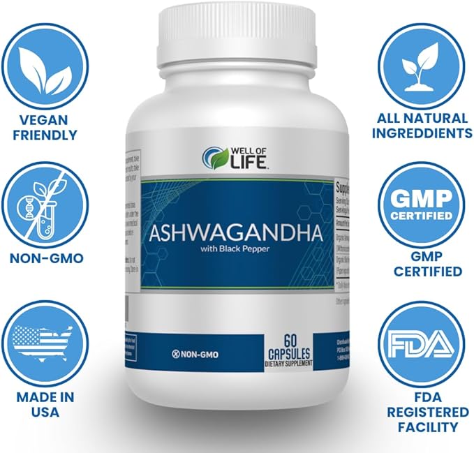 Well of Life: Organic Ashwagandha 650mg + Black Extract 60 Veg Capsules: Enhanced Sleep & Well-Being. Adrenal Health Support. Non-GMO, GMP Certified. Made in USA.