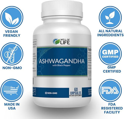 Well of Life: Organic Ashwagandha 650mg + Black Extract 60 Veg Capsules: Enhanced Sleep & Well-Being. Adrenal Health Support. Non-GMO, GMP Certified. Made in USA.