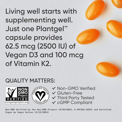 Sports Research® Vitamin D3 + K2 with Coconut MCT Oil | Vegan D3 2500iu (62.5mcg) & Plant Based Vitamin K2 100mcg | Vegan Certified, Soy & Gluten Free - 60 Softgels