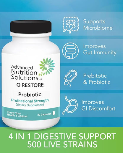 Advanced Nutrition Solutions Q Restore Probiotic - Supports Gut microbiome. Beneficial 4 in 1 probiotic, prebiotic and enzymes in one. for Men & Women 120 caps