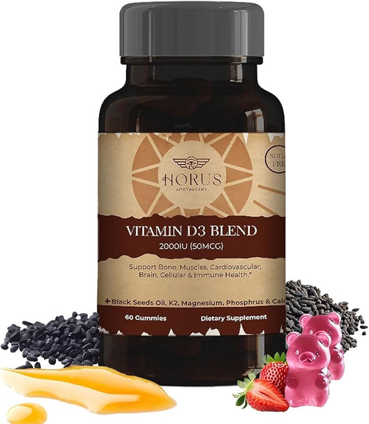 Vitamin D3 2000 IU Sugar Free Gummies with Black Seed Oil - Supports Bone, Muscle, Cardiovascular & Immune Health - Includes K2, Magnesium, Phosphorus & Calcium - Chewable Vitamin D
