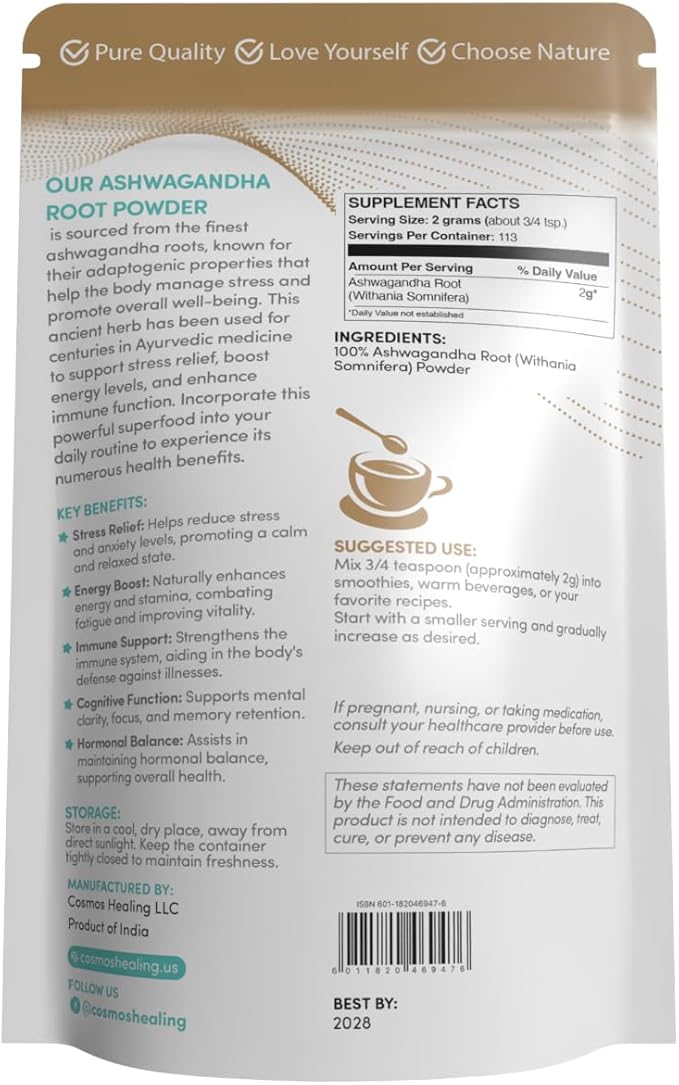 Ashwagandha Root Powder | Organic Adaptogen | 8 oz (113 Servings) | 2 Grams per Serving | Ayurvedic Stress Support & Energy Booster | Non-GMO, Vegan, Gluten-Free