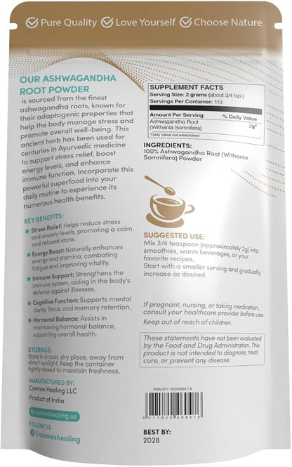 Ashwagandha Root Powder | Organic Adaptogen | 8 oz (113 Servings) | 2 Grams per Serving | Ayurvedic Stress Support & Energy Booster | Non-GMO, Vegan, Gluten-Free