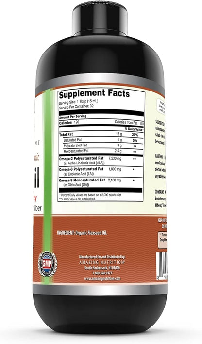 Amazing Omega Flaxseed Oil Supplement | Omega 3, Lignans & Fiber | 16 Oz | Non-GMO | Gluten Free | Made in USA