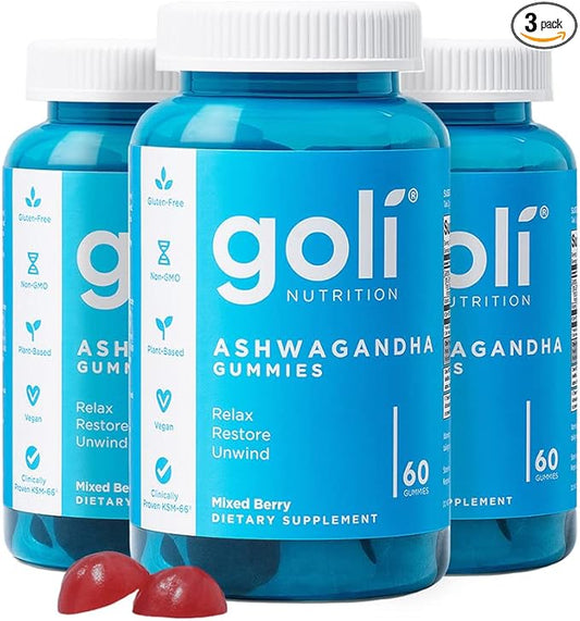Goli Ashwagandha & Vitamin D Gummy - 180 Count - Mixed Berry, KSM-66, Vegan, Plant Based, Non-GMO, Gluten-Free & Gelatin Free Relax. Restore. Unwind, Pack of 3