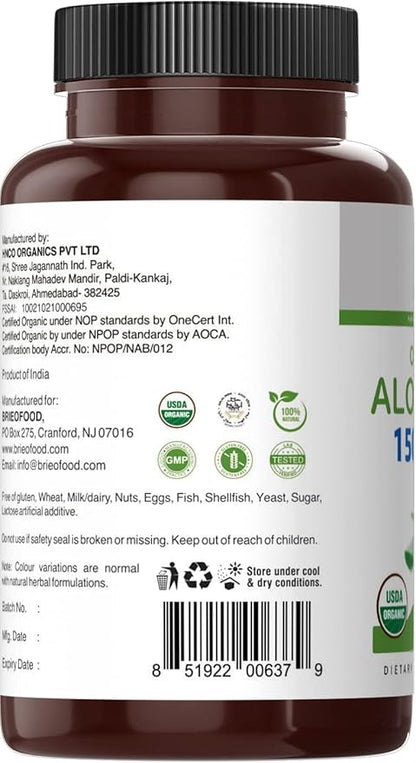 Brieofood Organic Aloe Vera 1500mg, 45 Servings, Vegetarian, Gluten Free, 90 Vegetarian Tablets