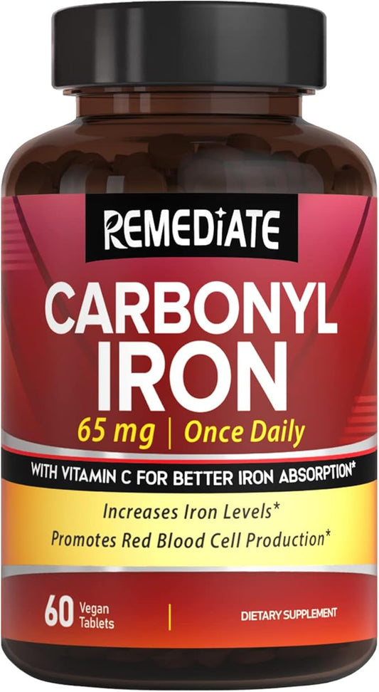 Carbonyl Iron with Vitamin C, Optimal Absorption, 65 mg Gentle Iron for Men & Women, Energy Support & New Red Blood Cell Formation, Easy on The Stomach, Vegan, Once Daily, Non-GMO, 60 Tabs