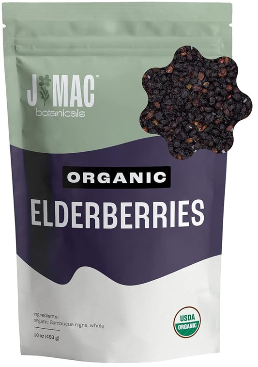 J Mac Botanicals, Organic Dried Elderberry (16 oz) USDA Certified, packaged in USA, whole bulk elder berries for syrup, tea infusions, gummies, Elder Berry