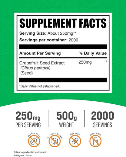BulkSupplements.com Grapefruit Seed Extract Powder - Grapefruit Seed Supplements, Antioxidant Source - Herbal Supplement, Gluten Free, 250mg per Serving, 500g (1.1 lbs) (Pack of 1)