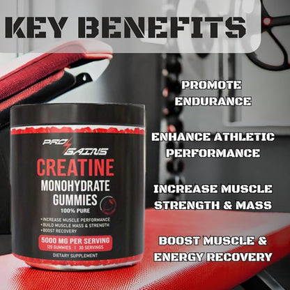 Creatine Monohydrate Gummies - 120 Gummies / 30 Servings | Strawberry Flavor | for Muscle Mass & Strength | 100% Pure - Zero Sugar