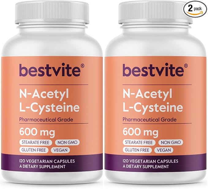 BESTVITE N-Acetyl L-Cysteine 600mg (NAC) (120 Vegetarian Capsules) (120 x 2) - No Stearates - Vegan - No Fillers - No Silica - No Gelatin - Gluten Free - Non GMO