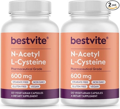 BESTVITE N-Acetyl L-Cysteine 600mg (NAC) (120 Vegetarian Capsules) (120 x 2) - No Stearates - Vegan - No Fillers - No Silica - No Gelatin - Gluten Free - Non GMO
