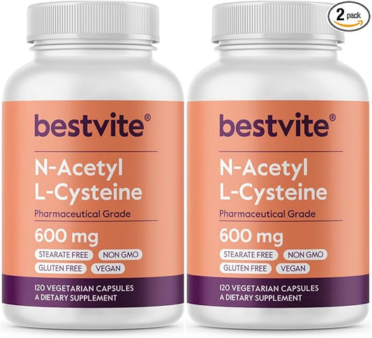 BESTVITE N-Acetyl L-Cysteine 600mg (NAC) (120 Vegetarian Capsules) (120 x 2) - No Stearates - Vegan - No Fillers - No Silica - No Gelatin - Gluten Free - Non GMO