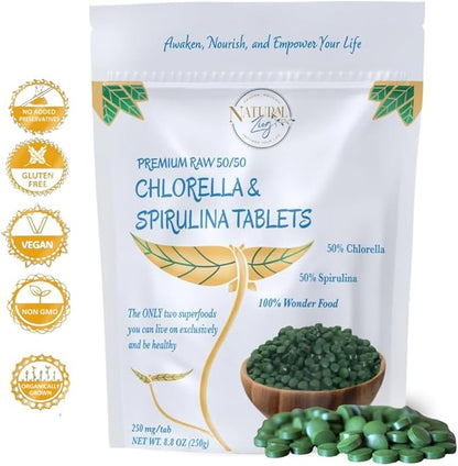 NaturalZing 100% Pure Chlorella/Spirulina Tablets | 1000 250mg Tablets | 60 Servings | 60% Protein | Vegan Protein | Omega 3s | Alkaline | Chlorophyll | Cracked Cell | Grown with Sunlight | Taiwanese