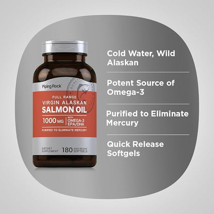Piping Rock Wild Alaskan Salmon Fish Oil | 1000mg | 180 Softgels | Supplements for Humans | Omega-3, EPA, and DHA | Non-GMO and Gluten Free