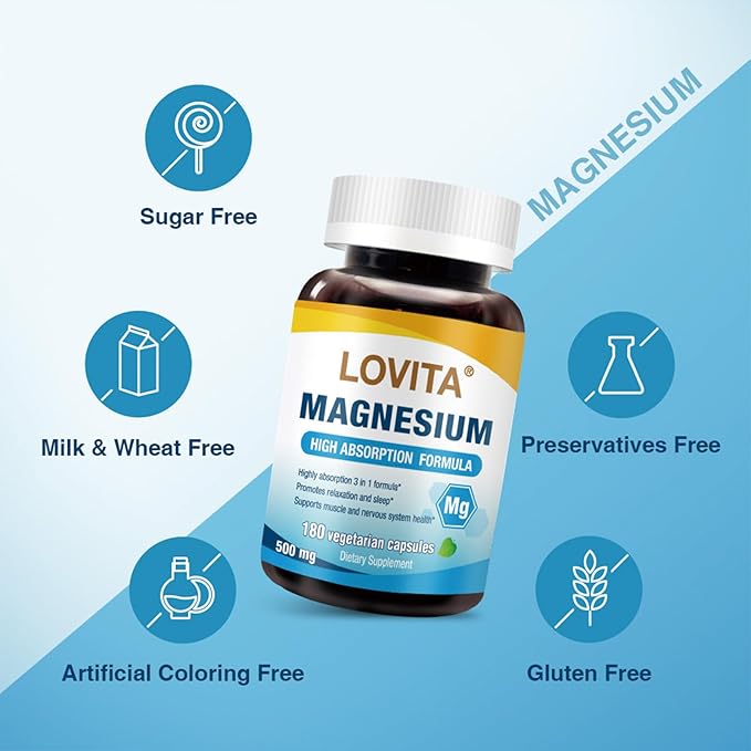 Lovita Triple Magnesium Complex 500mg, High Absorption and Potency Formula, Glycinate, Citrate & Oxide, Support Sleep, Relaxation, Heart, Nerves & Bone Health, 180 Vegan Capsules (Pack of 3)