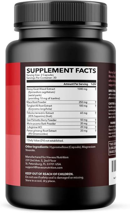 Horny Goat Weed Capsules for Men & Women - Extra Strength Performance & Energy Support with Tongkat Ali, Muira Puama, and Saw Palmetto - 1 Month Supply Herbal Supplement for Increased Endurance