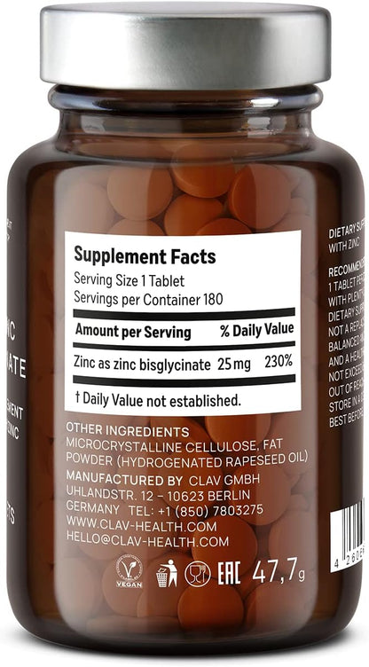 CLAV® Zinc Bisglycinate 25mg - 180 Tablets (6 Months Supply) - Natural Chelated Zinc Supplement - Vegan Zinc Glycinate for Immune & Skin Support