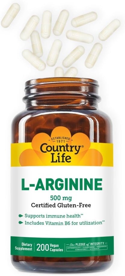 Country Life L-Arginine Caps with Vitamin B-6, 500mg, 200 Vegan Capsules, Certified Gluten Free, Certified Vegan