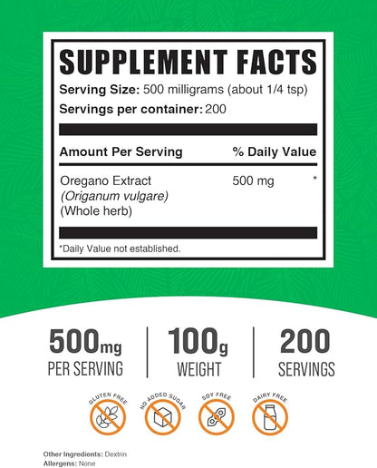 BulkSupplements.com Oregano Extract Powder - Oregano Supplement, Herbal Extract Supplement, from Oregano Herb - Gluten Free, 500mg per Serving, 100g (3.5 oz) (Pack of 1)