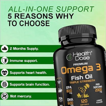 Omega 3 Fish Oil – Lemon-Flavored Softgels with EPA & DHA for Brain, Heart, and Wellness Support – Easy-to-Digest, No Fish Burps – 120 Softgels, Pack of 5