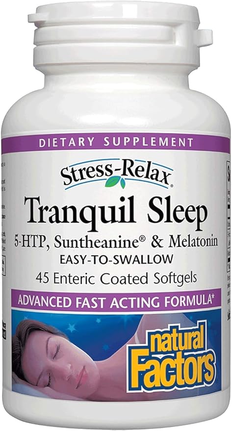 Stress-Relax Tranquil Sleep by Natural Factors, Sleep Aid with Suntheanine L-Theanine, 5-HTP, Melatonin, 45 Softgels