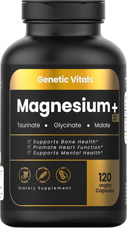 Triple Magnesium Complex 300mg - High Absorption Magnesium Glycinate, Taurate & Malate - Gluten-Free & Vegan - 120 Capsules