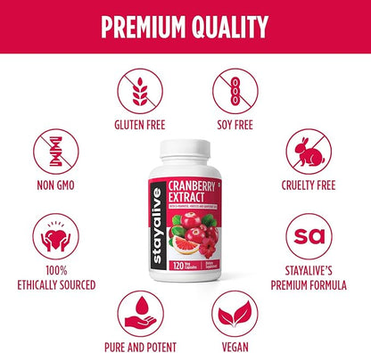 STAY ALIVE Cranberry Pills for Women and Men 1000mg with D-mannose, Hibiscus and Grapefruit Seed Extract, 120 Count, D-mannose Cranberry Supplement, Vegan, Non-GMO & Gluten-Free Powder Capsules