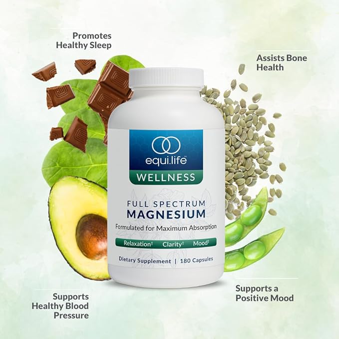 EquiLife - Full Spectrum Magnesium Supplement, Magnesium Glycinate, May Help Boost Mood & Energy, Promotes Restfulness & Focus, Formulated for Maximum Absorption, Gluten-Free, Vegan (180 Capsules)