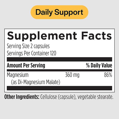 PureFormulas Magnesium Malate Capsules - Chelated Magnesium as Di-Magnesium Malate - Highly Bioavailable Form to Support Energy, Bone Health + Muscle Recovery, malato de magnesio 360 mg - 240 Capsules