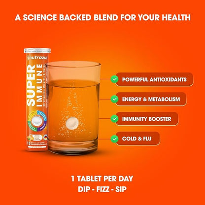 nutrazul Super Immune Effervescent Tablets | Maintains Immune Function & Antioxidant Support | 20 Vitamins, Minerals and Herbs | Orange Flavour | 30 Tablets
