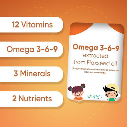 Kids Multivitamin Gummies & Omega 3, 6 & 9-120 Gummies (2 Months Supply) - for Healthy Immune System - Enriched with 12 Essential Vitamins - Natural Raspberry & Orange Flavor (3-12 Years)