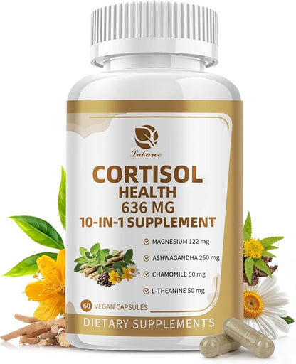 Cortisol Supplement, 10-in-1 Cortisol Reducer Detox Manager for Women & Men - Magnesium, Ashwagandha, Rhodiola, Chamomile, L-Theanine, Vitamin C & D3 - Mood, Focus, Sleep Support - 60 Vegan Capsules