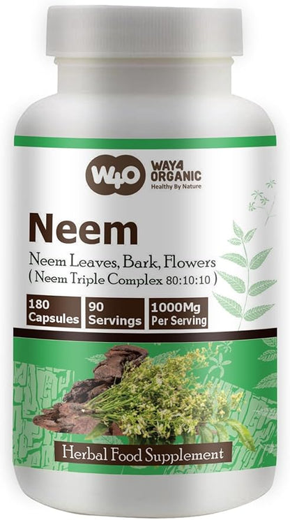 Neem Triple Complex - High-Potency Azadirachta Indica Capsules, Neem Leaves, Bark, Flowers in Ratio (80:10:10) - 180 Capsules, 90 Serving, 1000 Mg per Serving. Pack of 2.