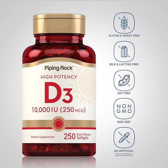 Piping Rock Vitamin D3 10000 IU | 250 Softgels | High Potency | Non-GMO, Gluten Free Supplement