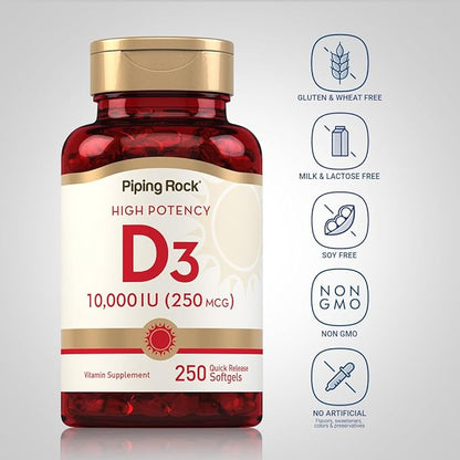 Piping Rock Vitamin D3 10000 IU | 250 Softgels | High Potency | Non-GMO, Gluten Free Supplement