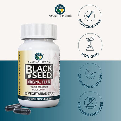 Amazing Herbs Whole Spectrum Black Seed Original Plain, Vegetarian Capsules - Gluten Free, Non GMO, Cold Pressed Nigella Sativa Aids in Digestive Health - 100 Count, 475mg (2-Pack)