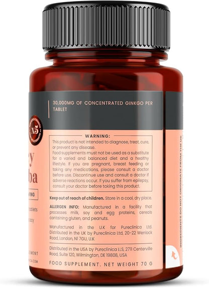 pureclinica High Potency Ginkgo Biloba 30,000mg x 540 Tablets (6 Bottles of 90) - 18 Months Supply - 5 Times The Strength of Competitor Products