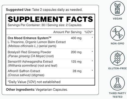 Ora Organic - Stress Relief Supplement - Supports Mood & Mental Focus - Feel Calm & Relaxed - Sensoril Ashwagandha, Saffron, Ginseng, L-Theanine, Lemon Balm - 60 Capsules