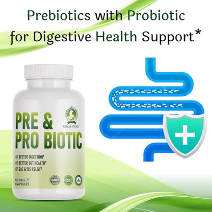 Probiotic and Prebiotic Capsules - Pre + Probiotic for Women and Men Gut Health Support for Digestive Wellness- Vegan, Non-GMO, Gluten Free - 60 Caps (60 Day Servings)