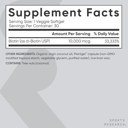 Sports Research® Biotin 10,000mcg with Organic Coconut Oil - Biotin (Vitamin B7) for Healthy Skin and Hair Support* - for Women and Men - Vegan, Non-GMO, Gluten & Soy-Free - 30 Veggie Softgels