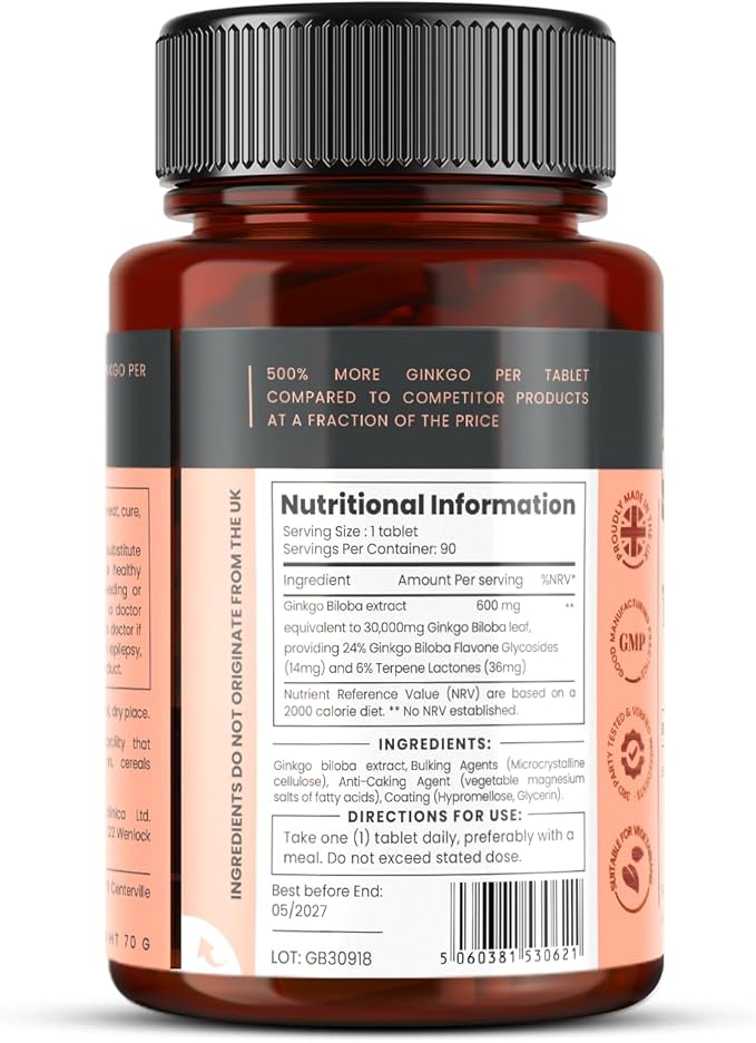 pureclinica High Potency Ginkgo Biloba 30,000mg x 540 Tablets (6 Bottles of 90) - 18 Months Supply - 5 Times The Strength of Competitor Products