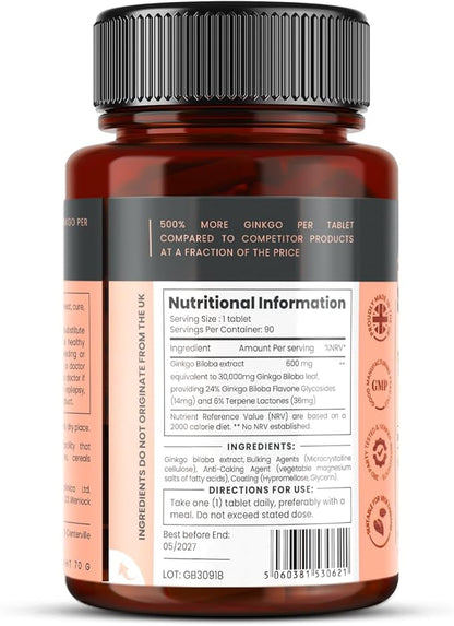 pureclinica High Potency Ginkgo Biloba 30,000mg x 540 Tablets (6 Bottles of 90) - 18 Months Supply - 5 Times The Strength of Competitor Products