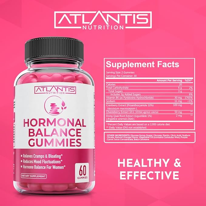 Atlantis Nutrition Hormonal Balance for Women & PMS Relief Gummies - Alleviates Cramps, Bloating, Mood Swings, Hot Flashes & Night Sweats - Cranberry, Dong Quai & Chasteberry Menstrual Cramp Relief