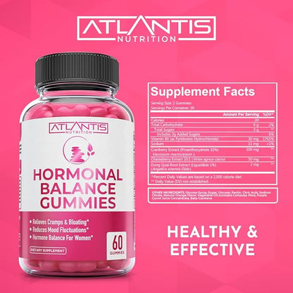 Atlantis Nutrition Hormonal Balance for Women & PMS Relief Gummies - Alleviates Cramps, Bloating, Mood Swings, Hot Flashes & Night Sweats - Cranberry, Dong Quai & Chasteberry Menstrual Cramp Relief