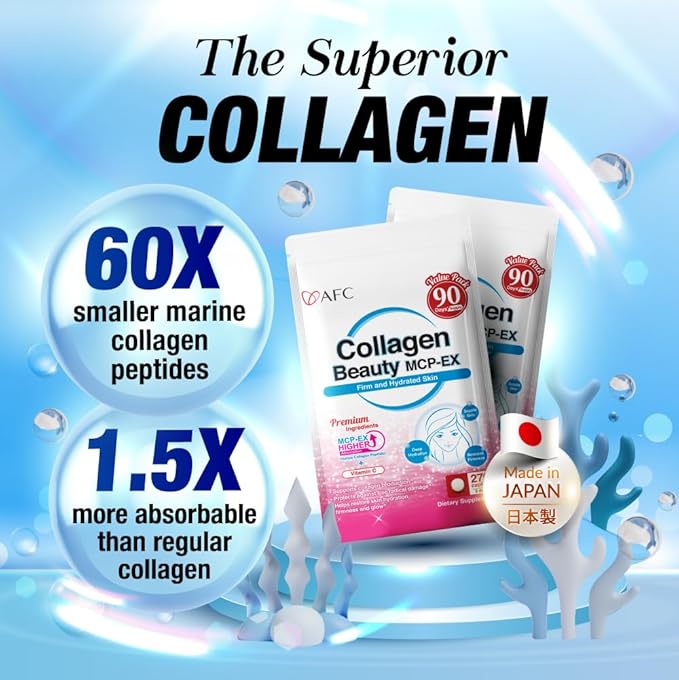 AFC Japan Collagen Beauty MCP-EX with Marine Collagen Peptide, 1.5X Better Absorption Than Other Collagen, for Anti-Aging, Skin, Hair, Nails, Bone and Joints, for Women & Men, 90 Days Supply
